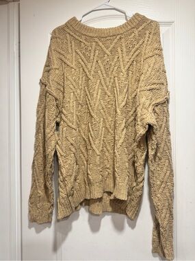 Free People Cable Knit Crewneck Sweater - Tan